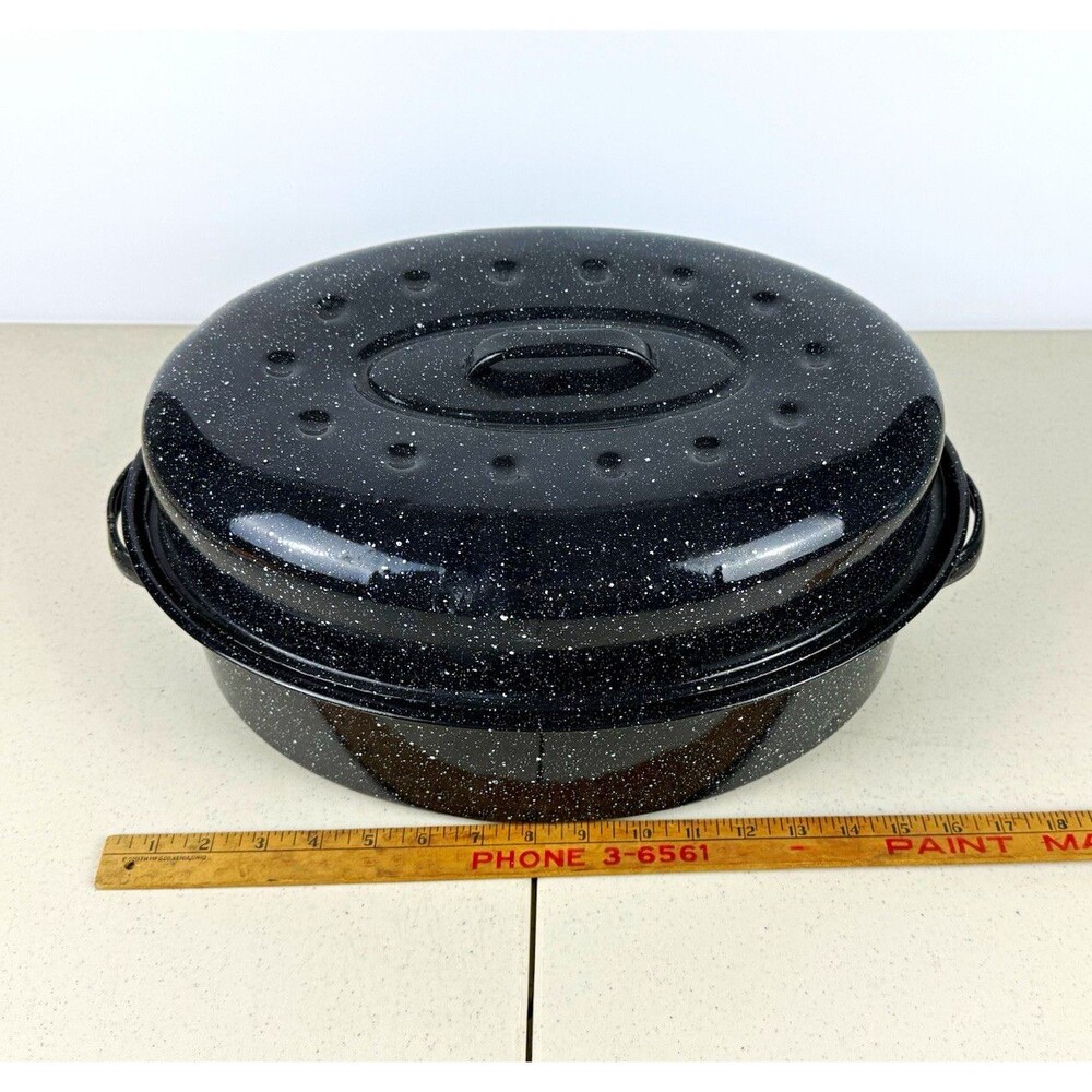 Black Speckled Enamel Steel Oval Roaster w/ Lid, Double Handles, 7 qt
